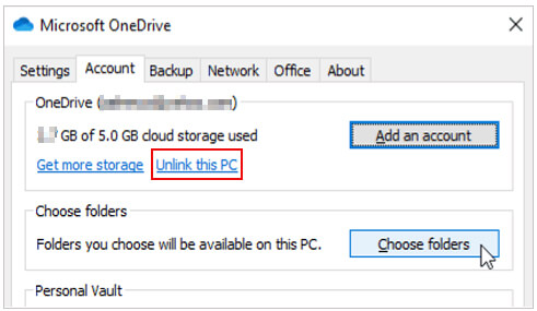 unlink this pc if onedrive not syncing