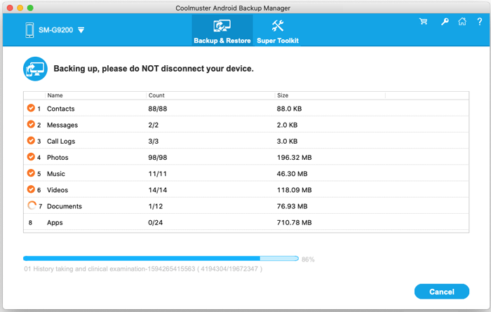 start to back up android data to mac