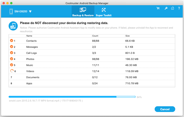 start to restore android from backup on mac