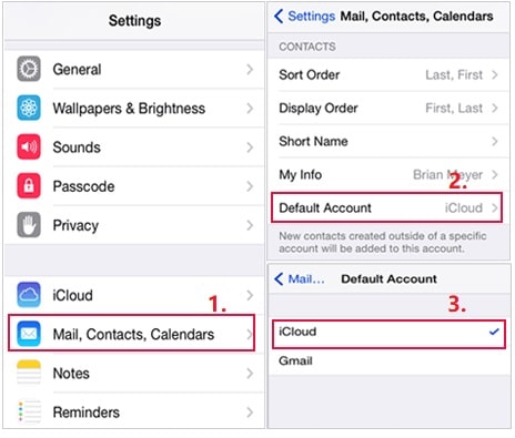 change default account to icloud to fix iphone contacts lost
