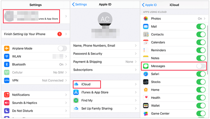 turn off and on icloud messages sync to fix missing messages on iphone