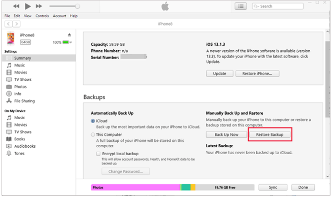 recover data from iphone that won't turn on via itunes
