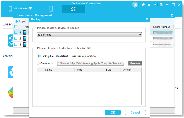 select a backup location to save the new backup files