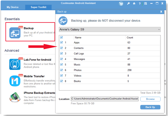 1 click to transfer contacts from android phone to pc via android assistant