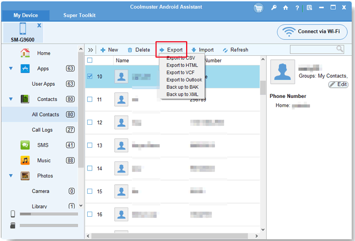 click on the export button to save the contacts on laptop