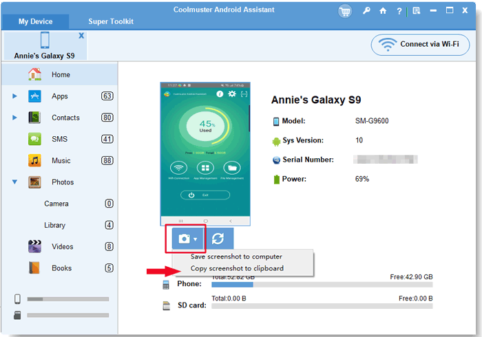 take a screenshot in samsung using coolmuster android assistant