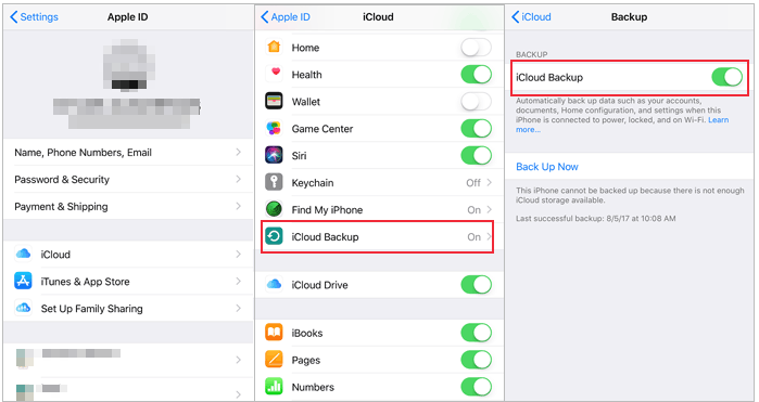 ensure icloud backup is turned on