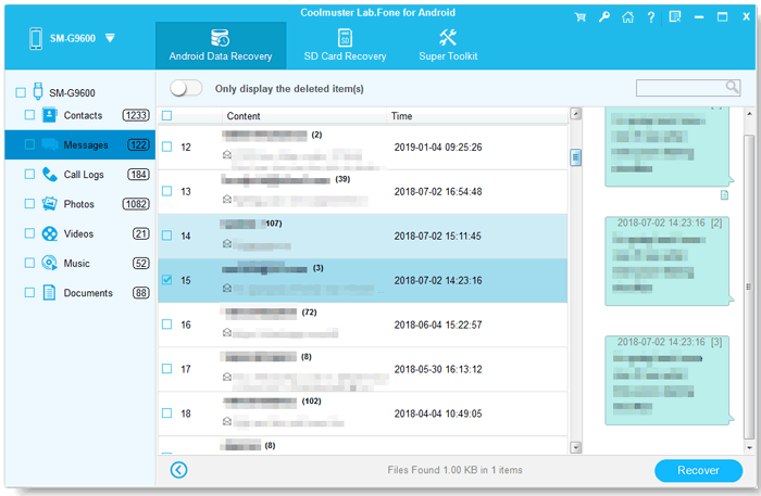 hit the recover tab to restore sms to pc