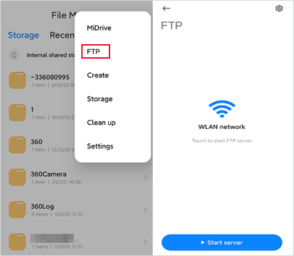 open ftp in xiaomi to transfer data from xiaomi to samsung