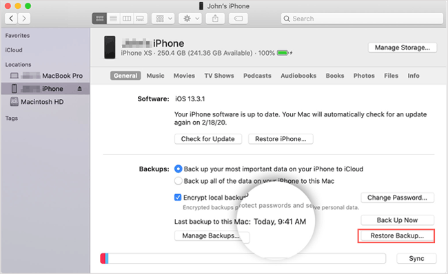 how to restore backup to iphone from mac via finder