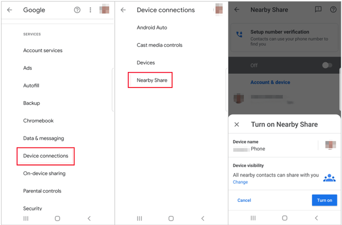 how to send contacts from android to android with nearby share