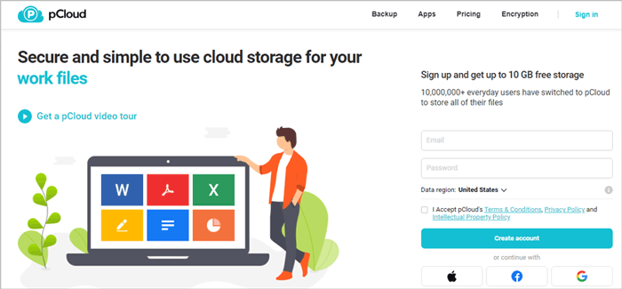 homepage of pcloud