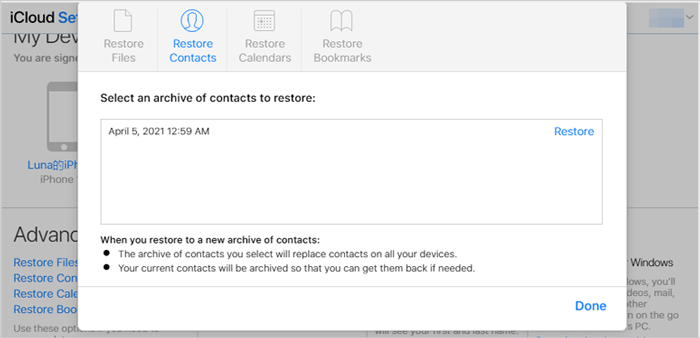 restore contacts drom icloud