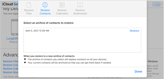 icloud restore contacts using icloud.com