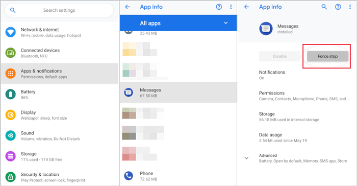 application de message d'arrêt forcé