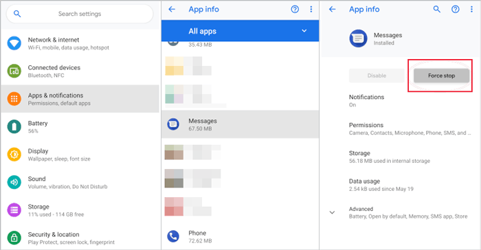 force stop sms app to fix my text messages disappeared on my android issue