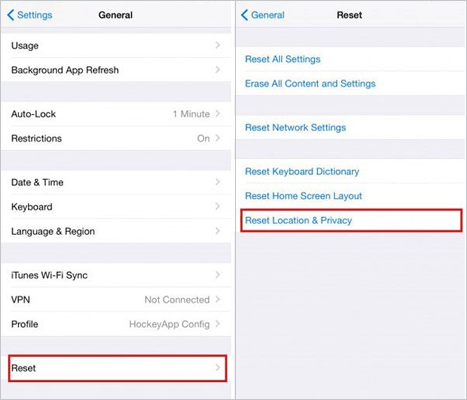 reset location and privacy on iphone to repair the unknown itunes error