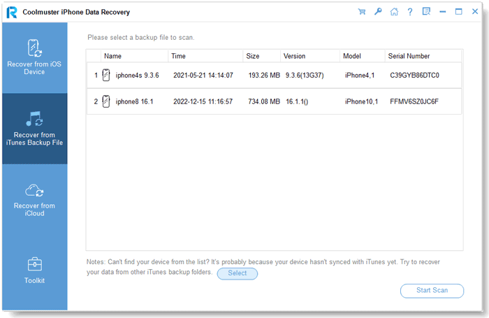 select an itunes backup file on the interface to recover