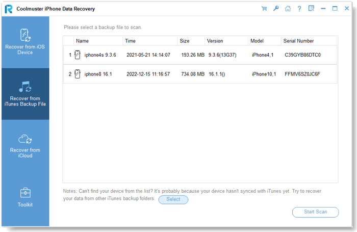 select itunes backup file to scan