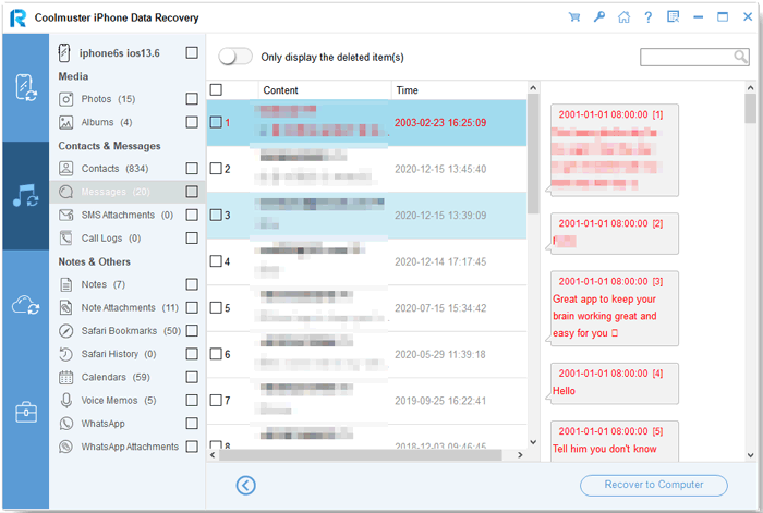 click on the recover to computer icon to recover deleted imessage