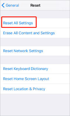 click on reset all settings