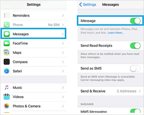 turn on and off imessages to fix iphone text messages disappeared