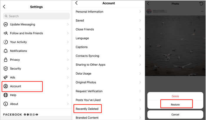recover deleted instagram photos iphone via instagram recently deleted folder