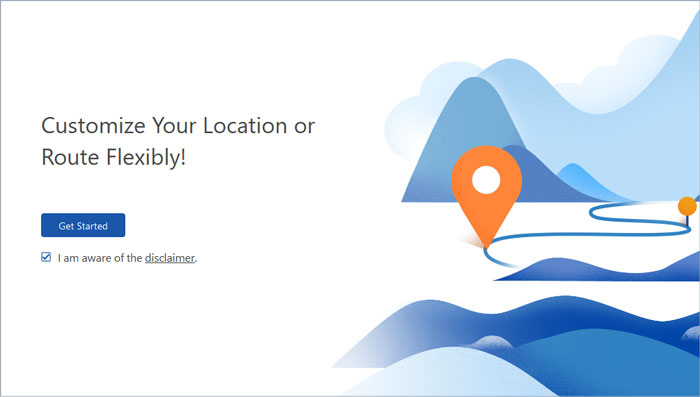 the interface of location changer app and get started button