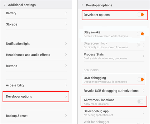 in developer options, enable allow mock locations by turning the toggle switch on