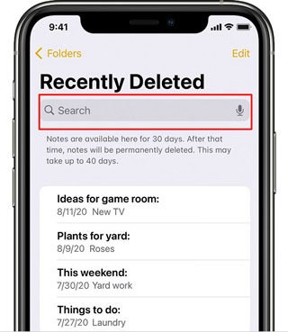 use search feature to fix updated iphone and lost notes