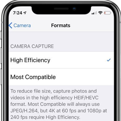 change iphone video format with settings