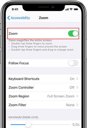 turn off the zoom feature on iphone