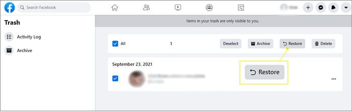 restore facebook pictures from timeline