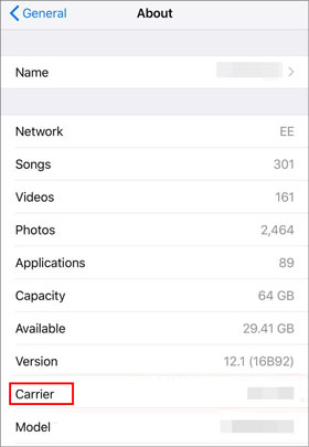 check carrier on iphone via settings